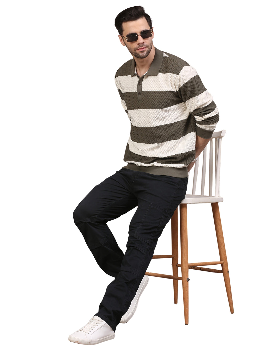 Men's Olive & White Striped Polo Neck Sweatshirt Casual Winter Wear