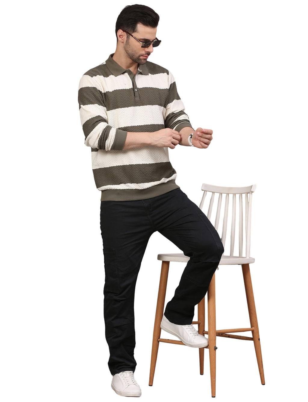 Men's Olive & White Striped Polo Neck Sweatshirt Casual Winter Wear