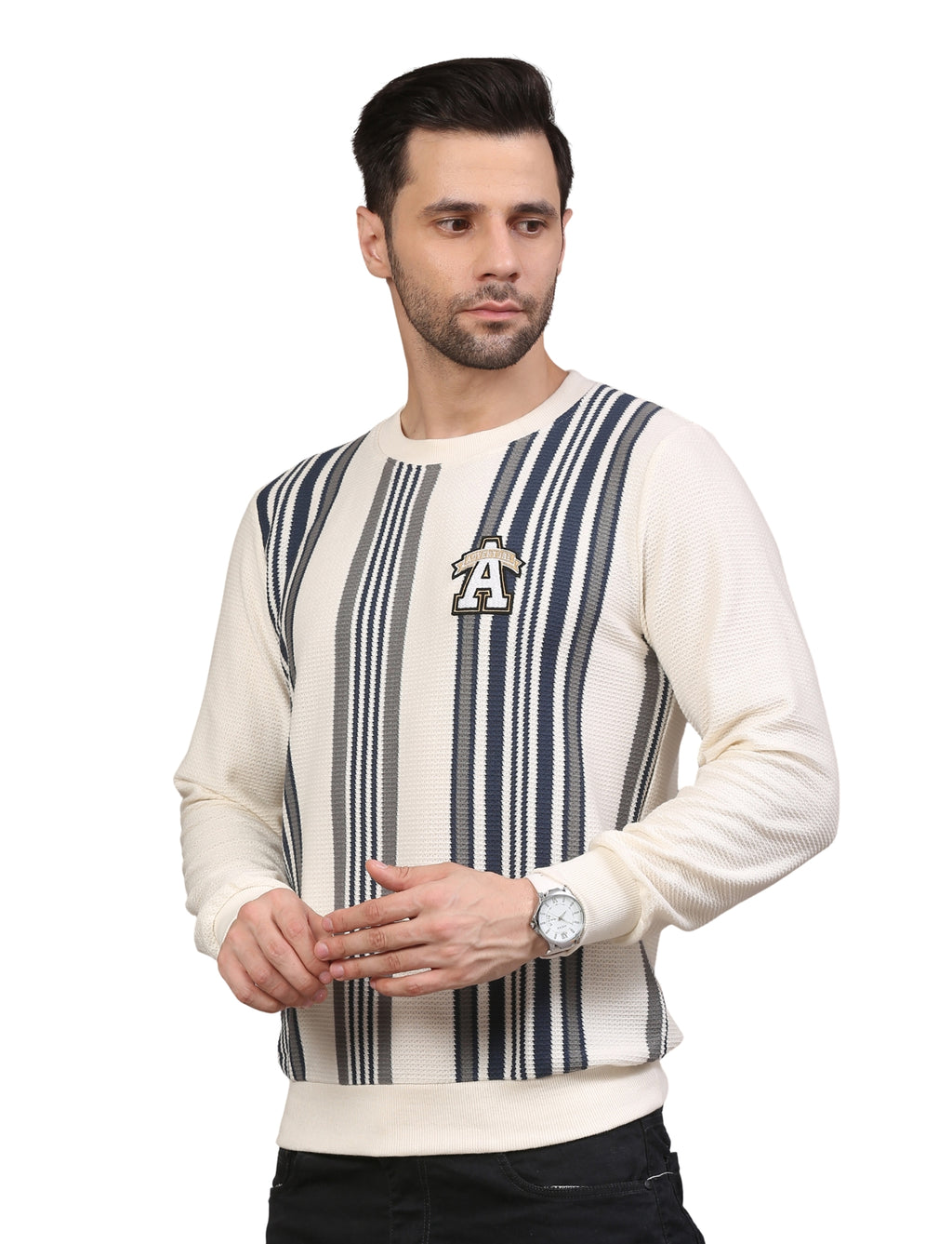 Men’s Sweatshirt Varsity Stripe Crew neck Full Sleeve Grey