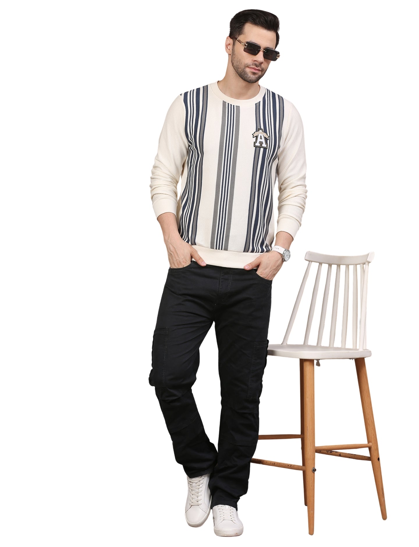 Men’s Sweatshirt Varsity Stripe Crew neck Full Sleeve Grey