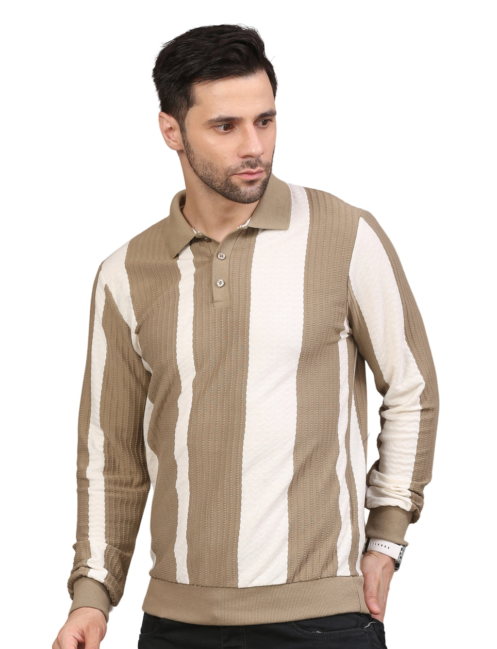 Men's Polo Color Block Striped Sweatshirt with Placket Beige