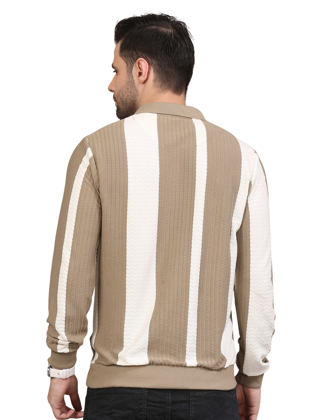 Men's Polo Color Block Striped Sweatshirt with Placket Beige