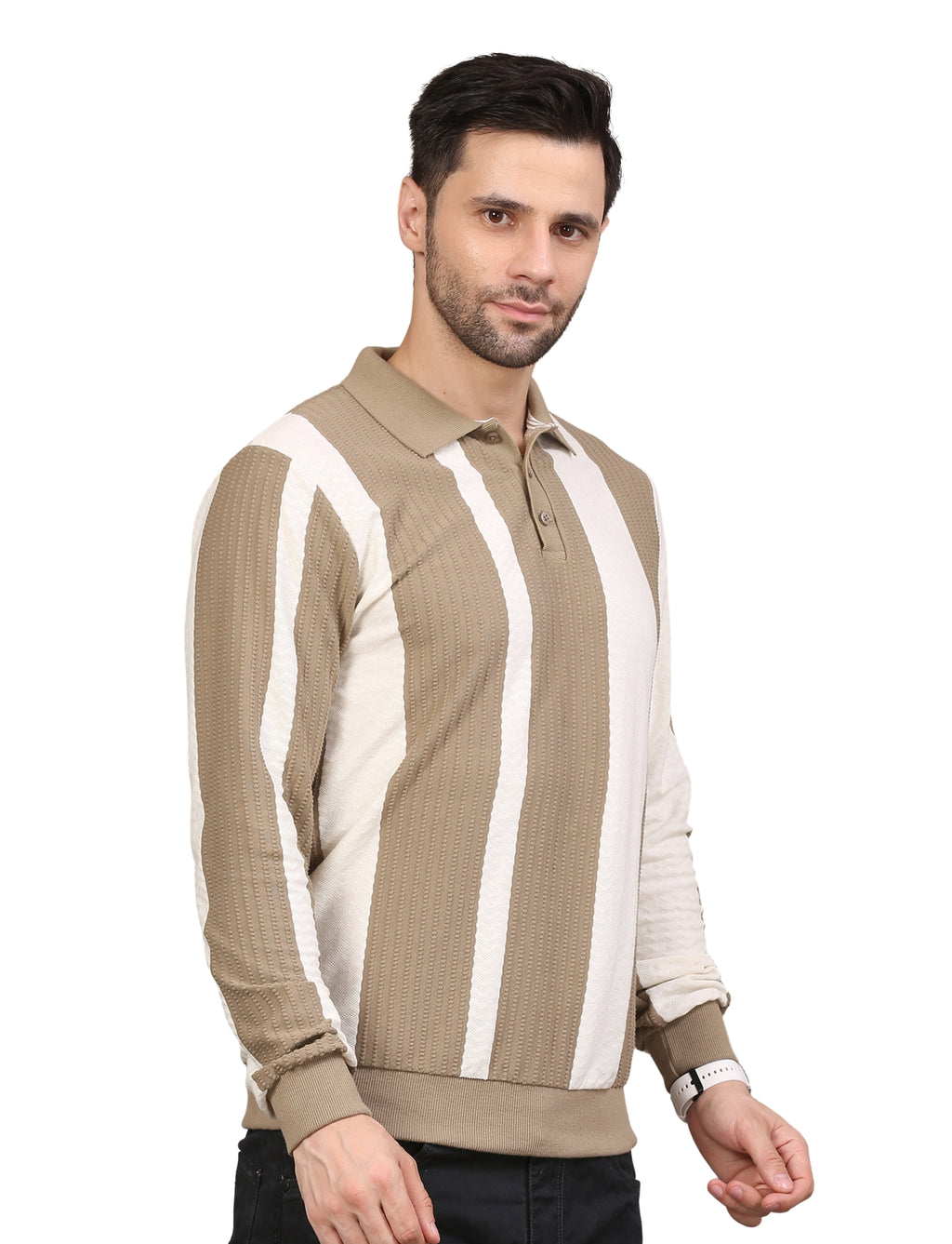 Men's Polo Color Block Striped Sweatshirt with Placket Beige