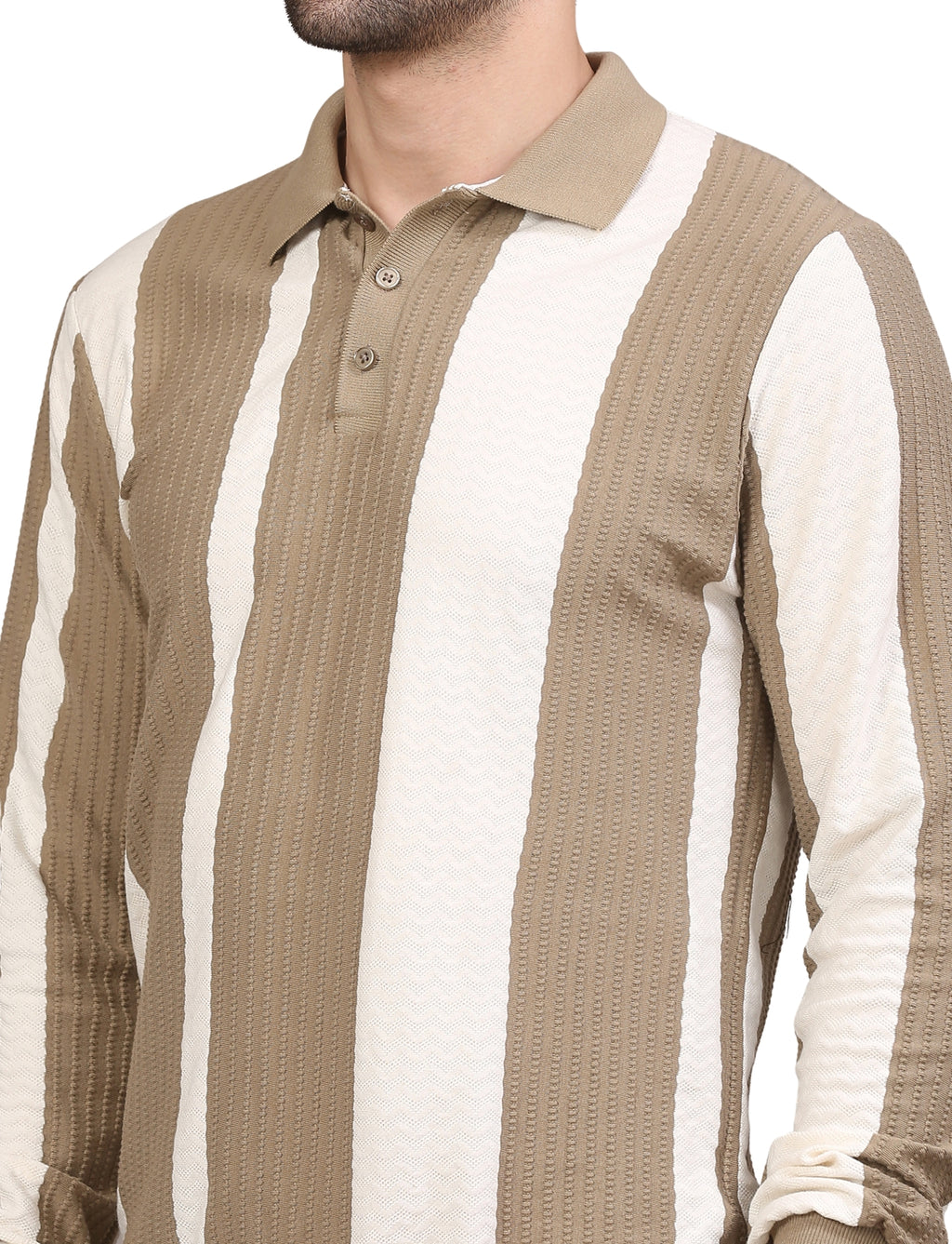 Men's Polo Color Block Striped Sweatshirt with Placket Beige