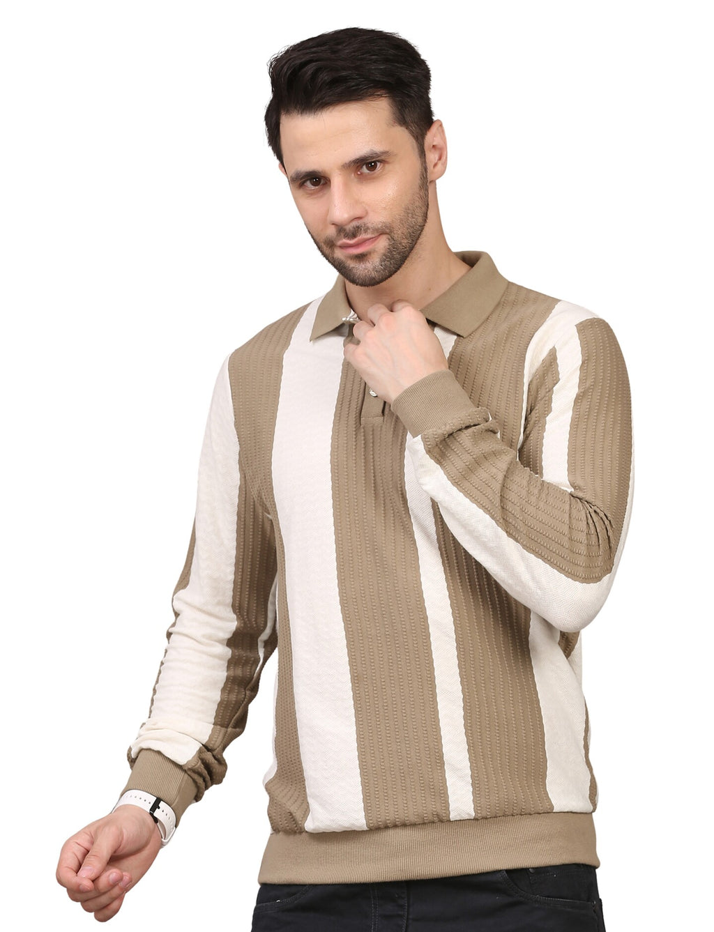 Men's Polo Color Block Striped Sweatshirt with Placket Beige