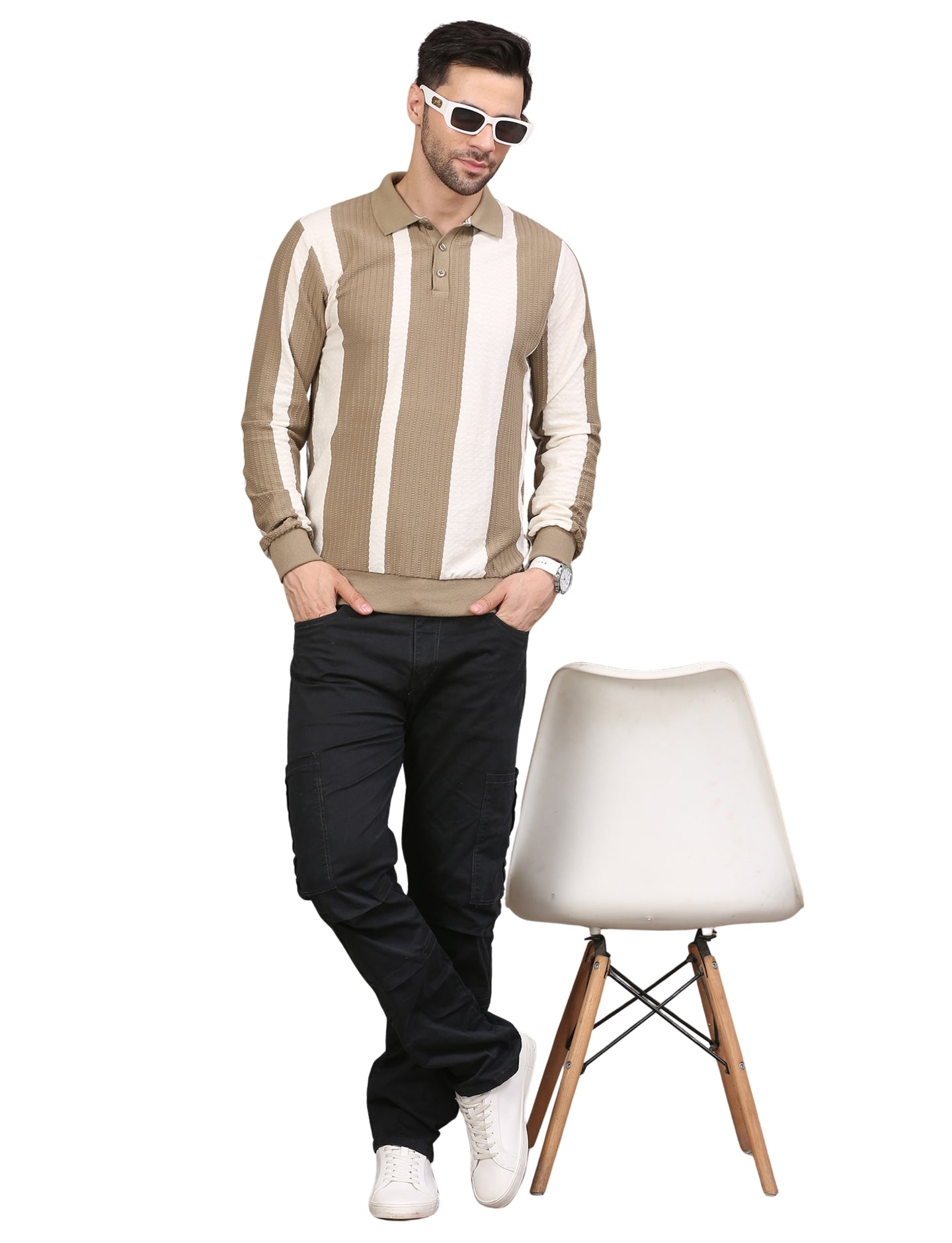 Men's Polo Color Block Striped Sweatshirt with Placket Beige