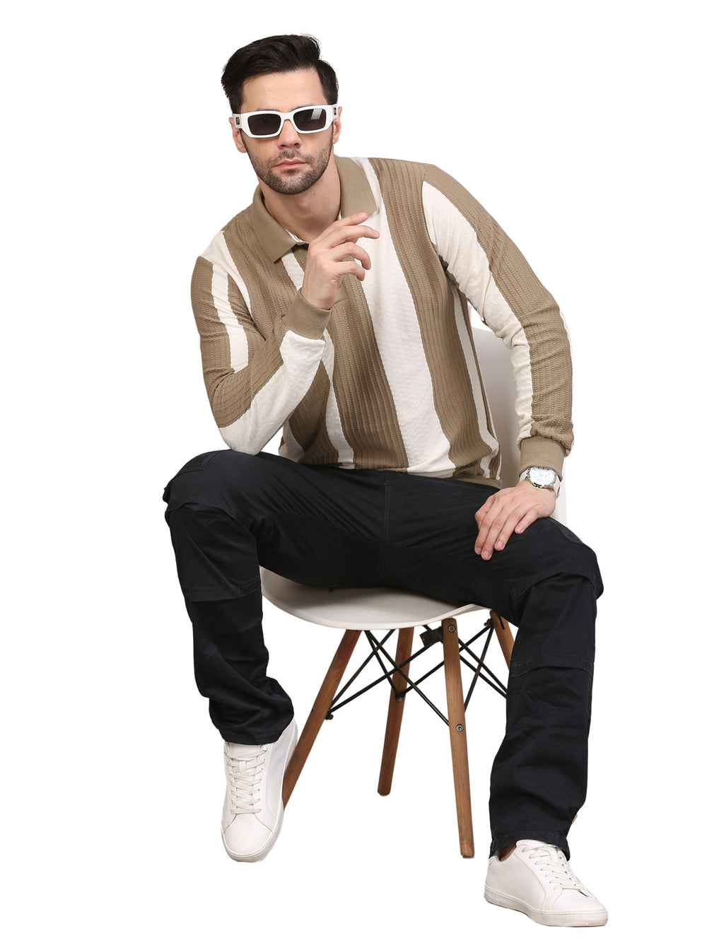 Men's Polo Color Block Striped Sweatshirt with Placket Beige