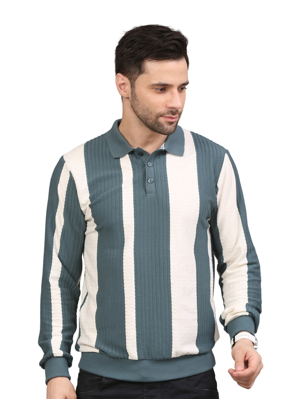 Men's Polo Color Block Striped Sweatshirt with Placket Teal