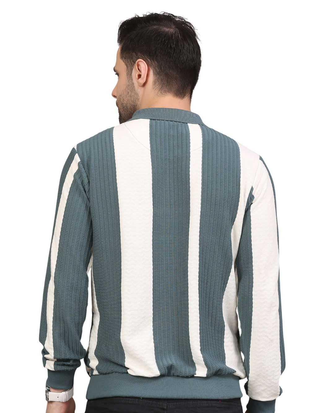 Men's Polo Color Block Striped Sweatshirt with Placket Teal