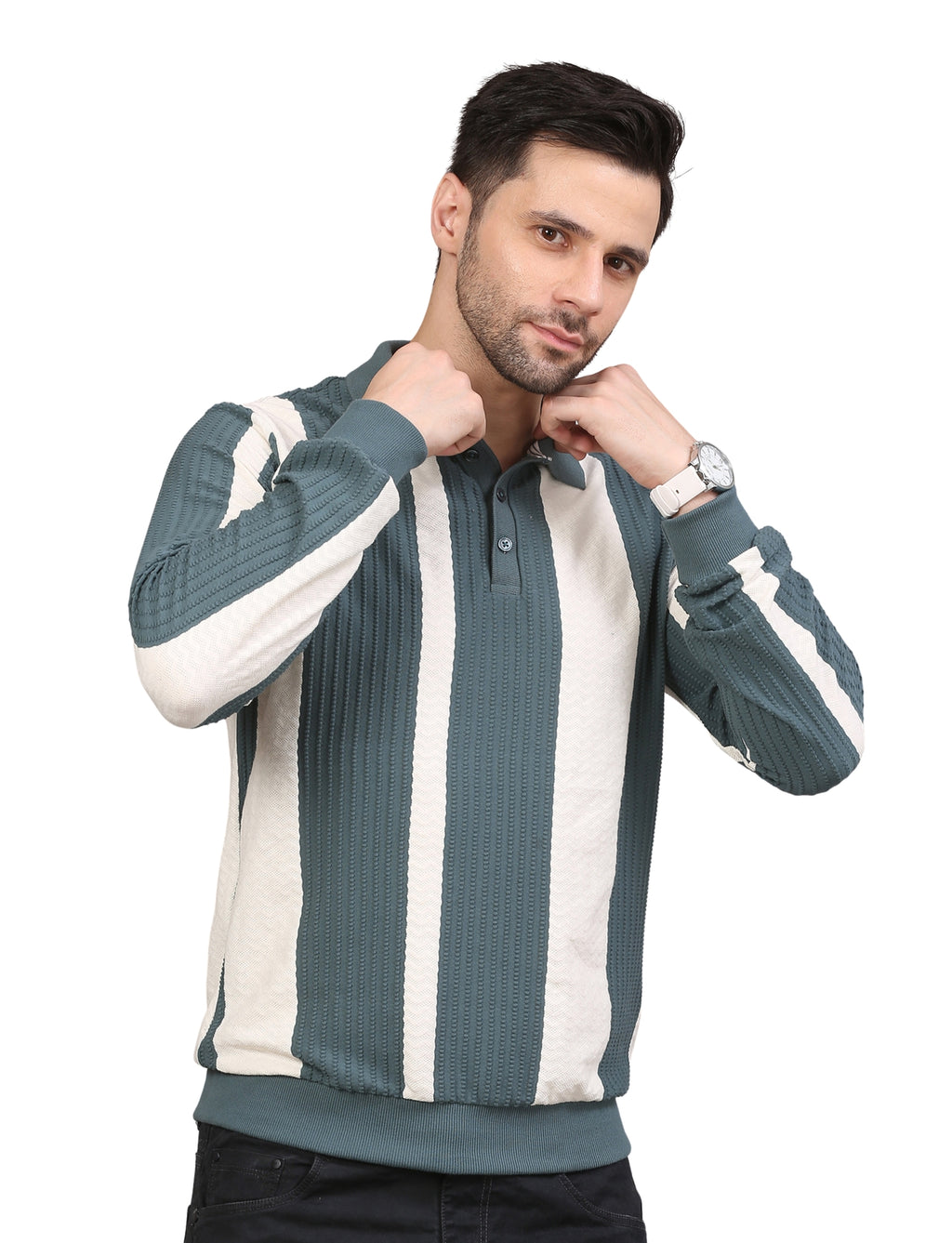 Men's Polo Color Block Striped Sweatshirt with Placket Teal