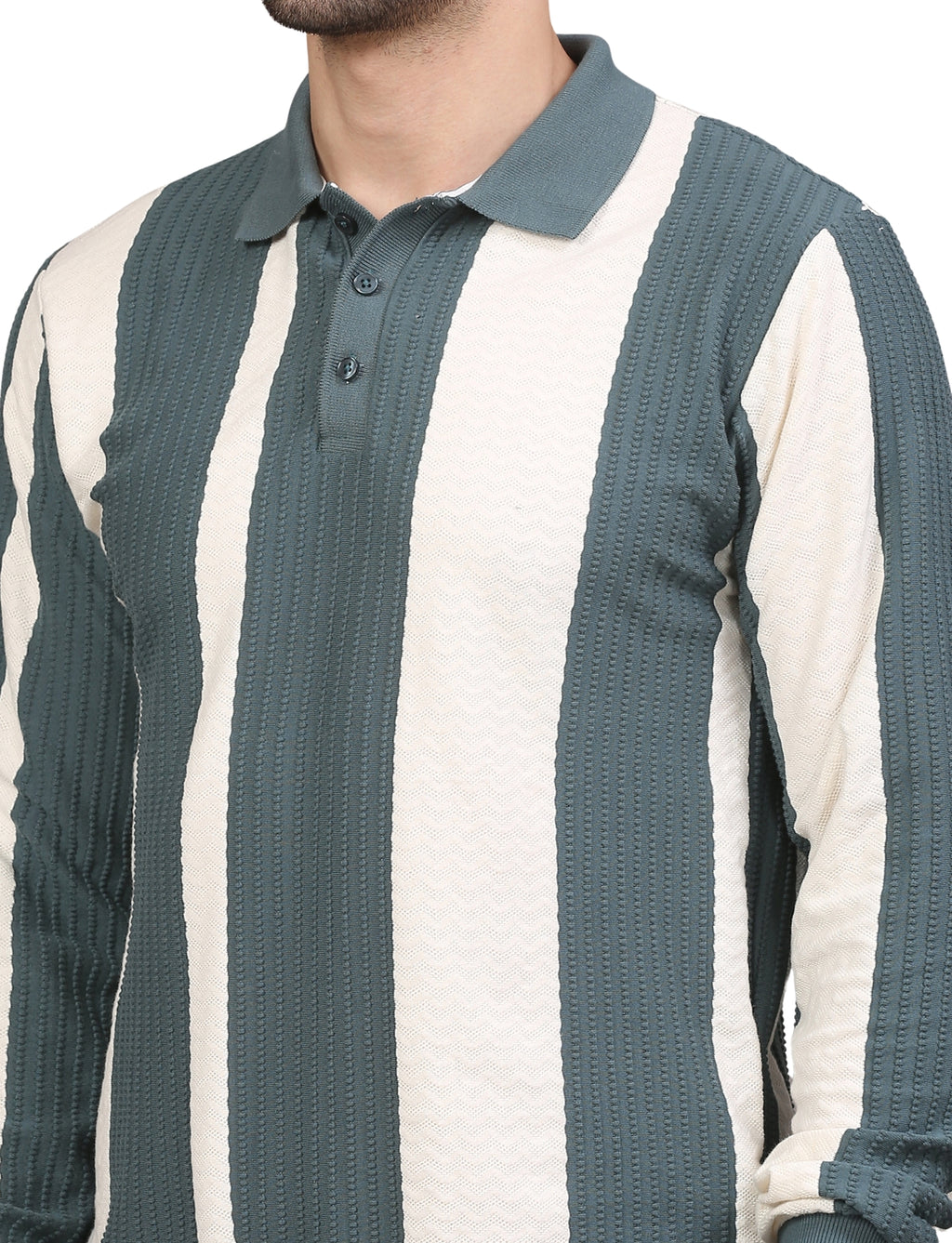 Men's Polo Color Block Striped Sweatshirt with Placket Teal