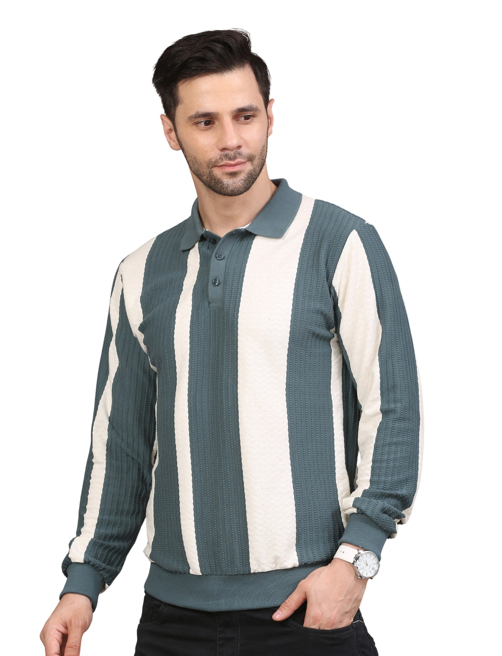 Men's Polo Color Block Striped Sweatshirt with Placket Teal