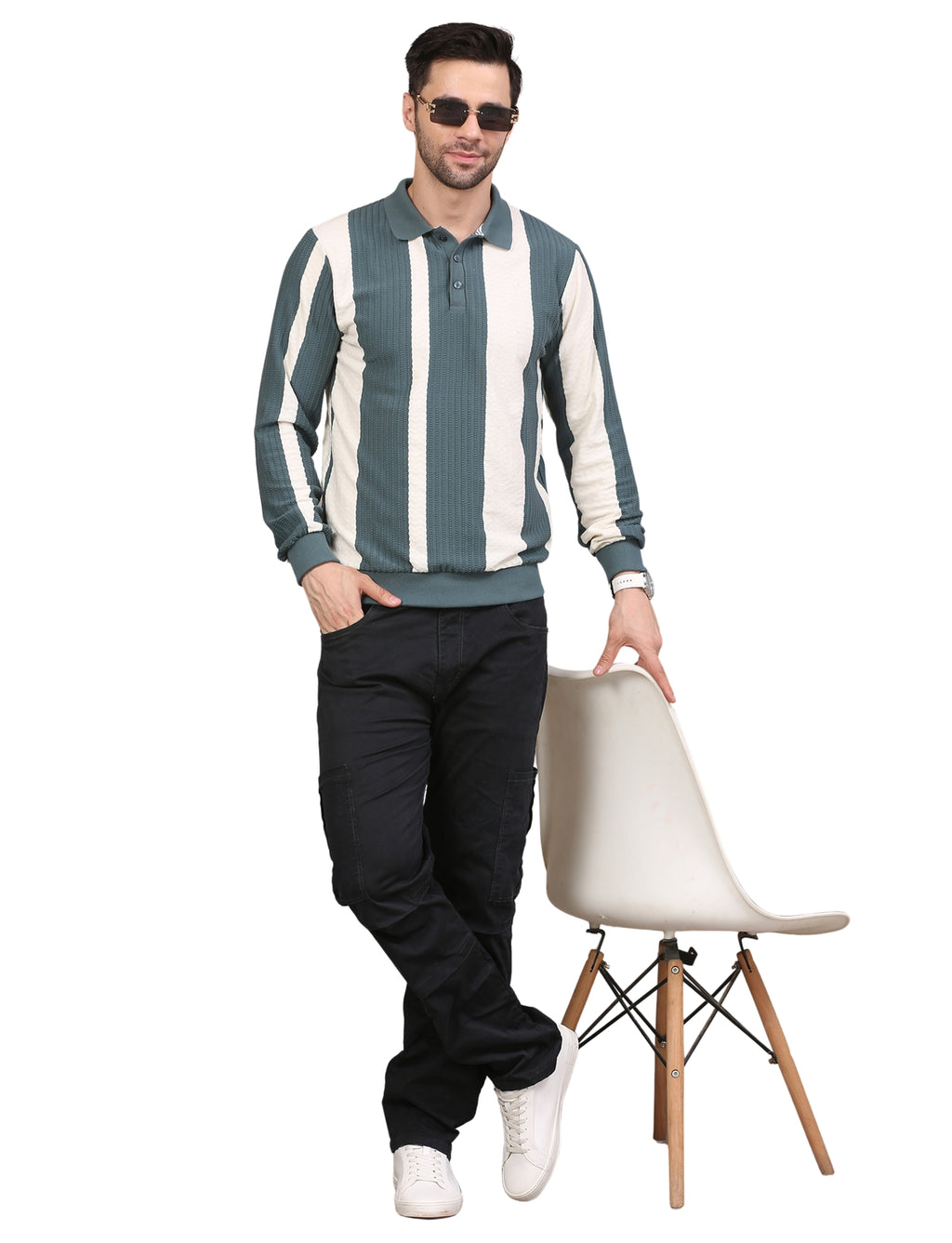 Men's Polo Color Block Striped Sweatshirt with Placket Teal