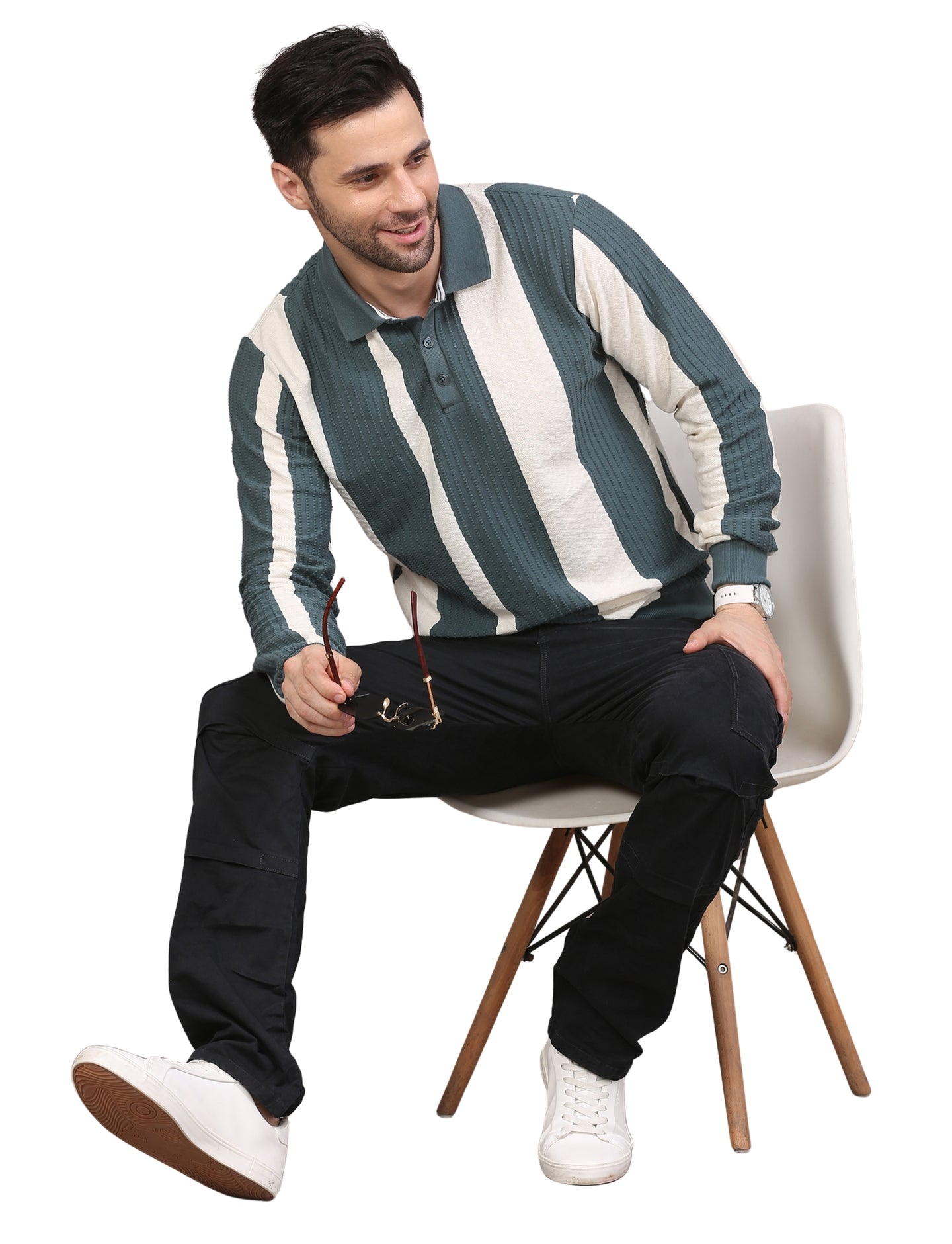 Men's Polo Color Block Striped Sweatshirt with Placket Teal