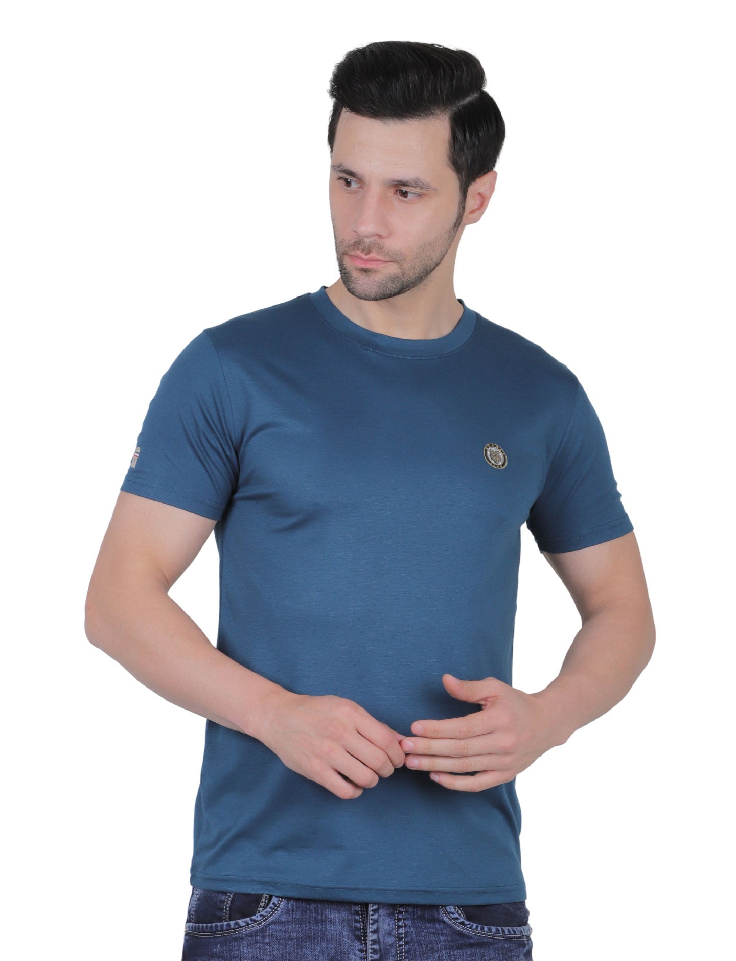 Men's Organic Cotton Crew Neck T-Shirt with Compass Logo Patch MID BLUE