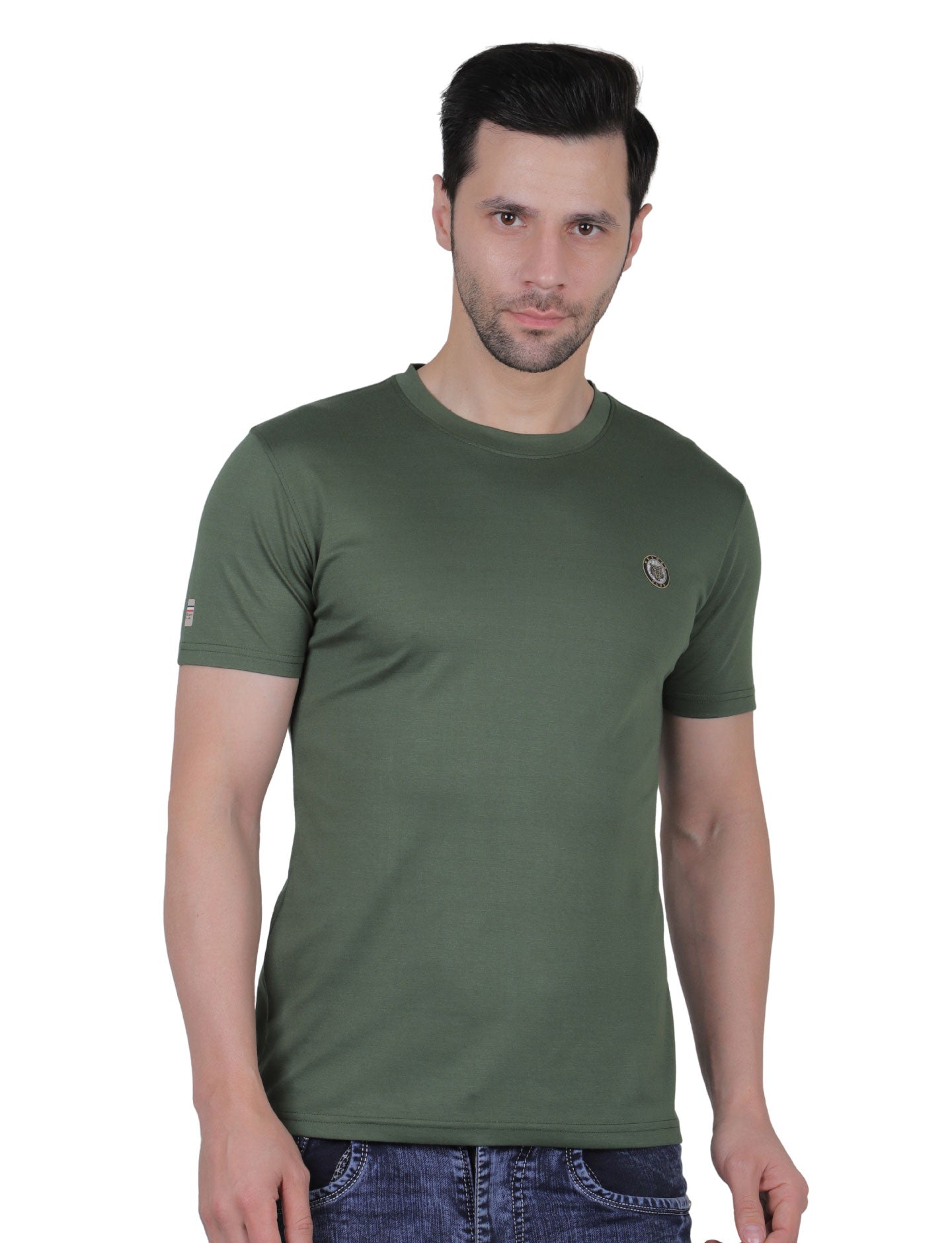 Men's Organic Cotton Crew Neck T-Shirt with Compass Logo Patch MOSS GREEN
