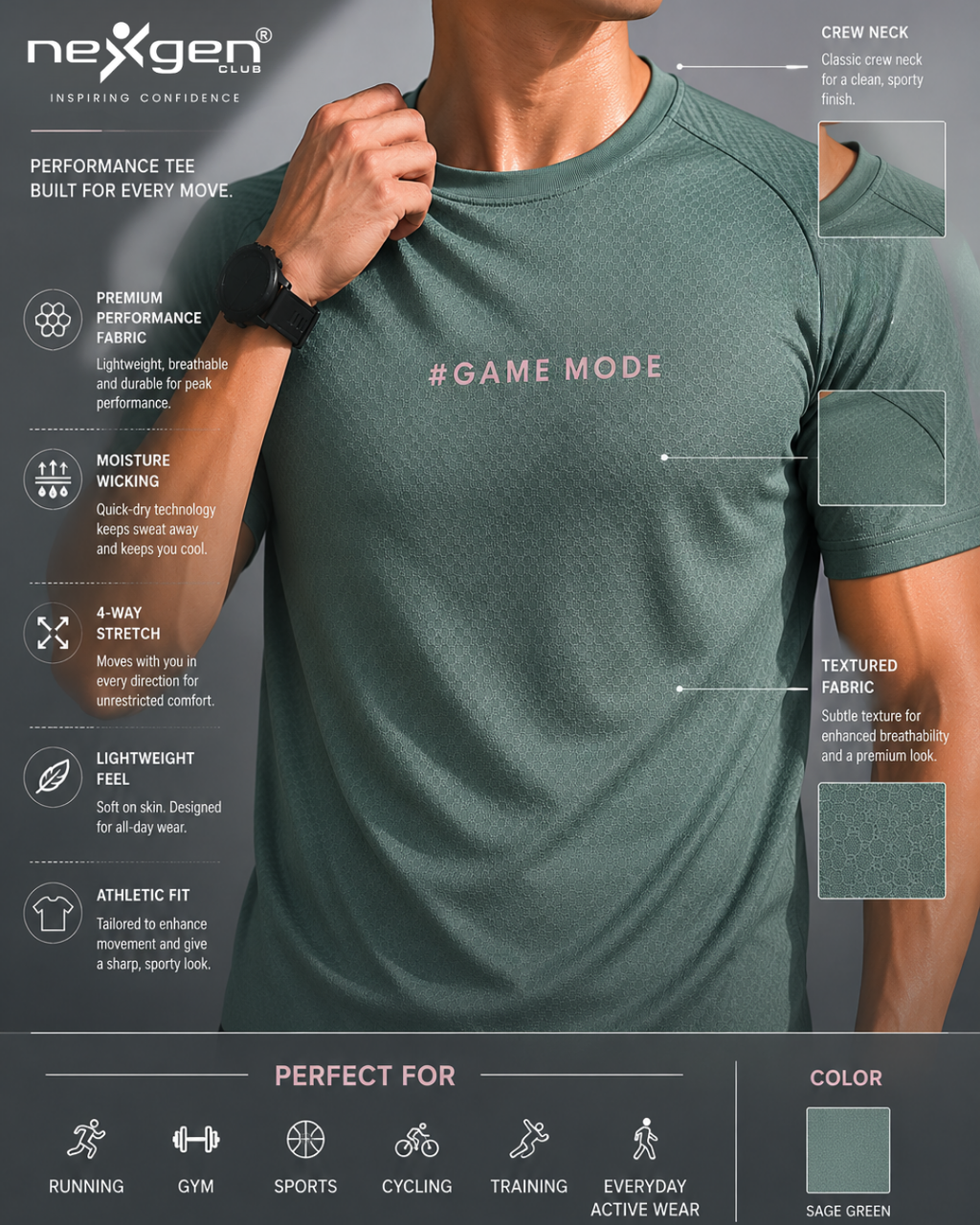 Men's Sports Co-ord Set – #Game Mode | Sage Green & Charcoal