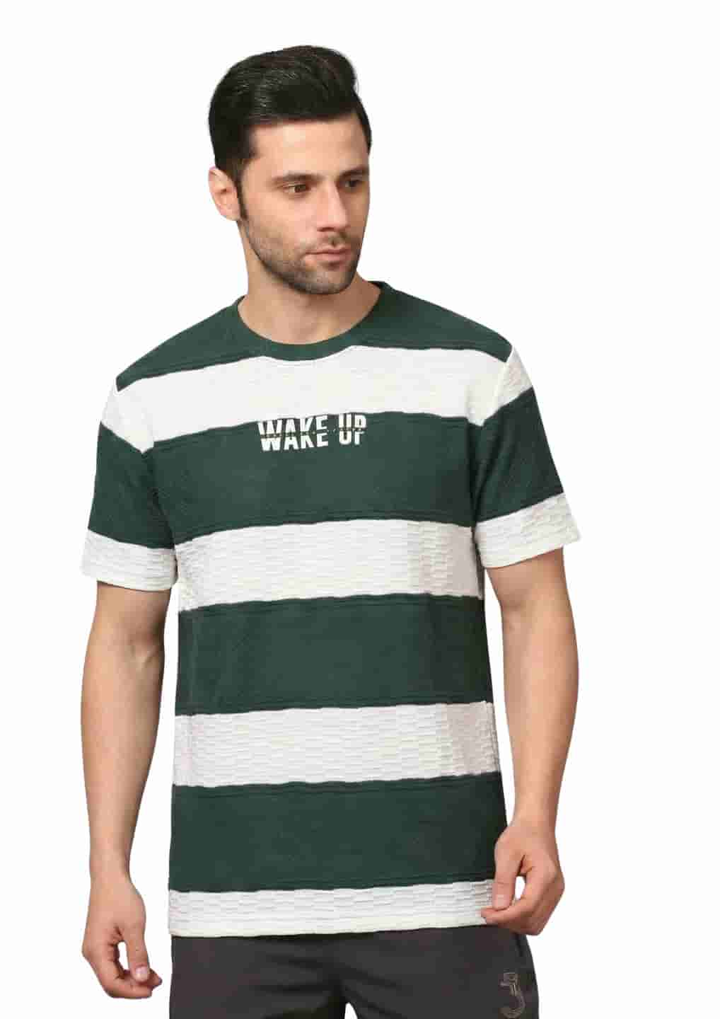 Men's Striped Oversized T-Shirt with "WAKE UP" Slogan Print B.GREEN