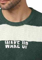 Men's Striped Oversized T-Shirt with "WAKE UP" Slogan Print B.GREEN