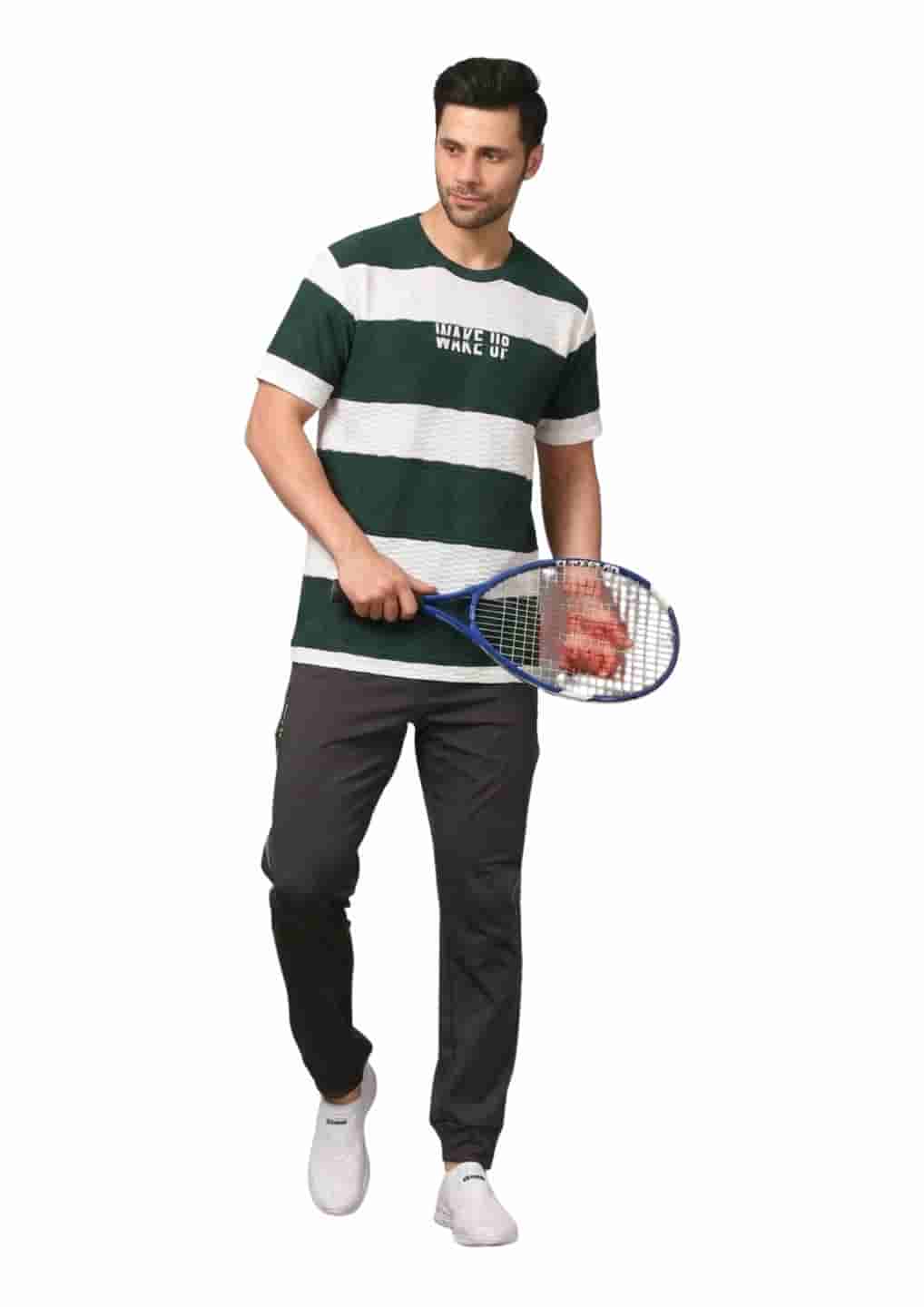 Men's Striped Oversized T-Shirt with "WAKE UP" Slogan Print B.GREEN