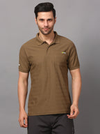 a brown polo t-shirt with a collar and short sleeves.