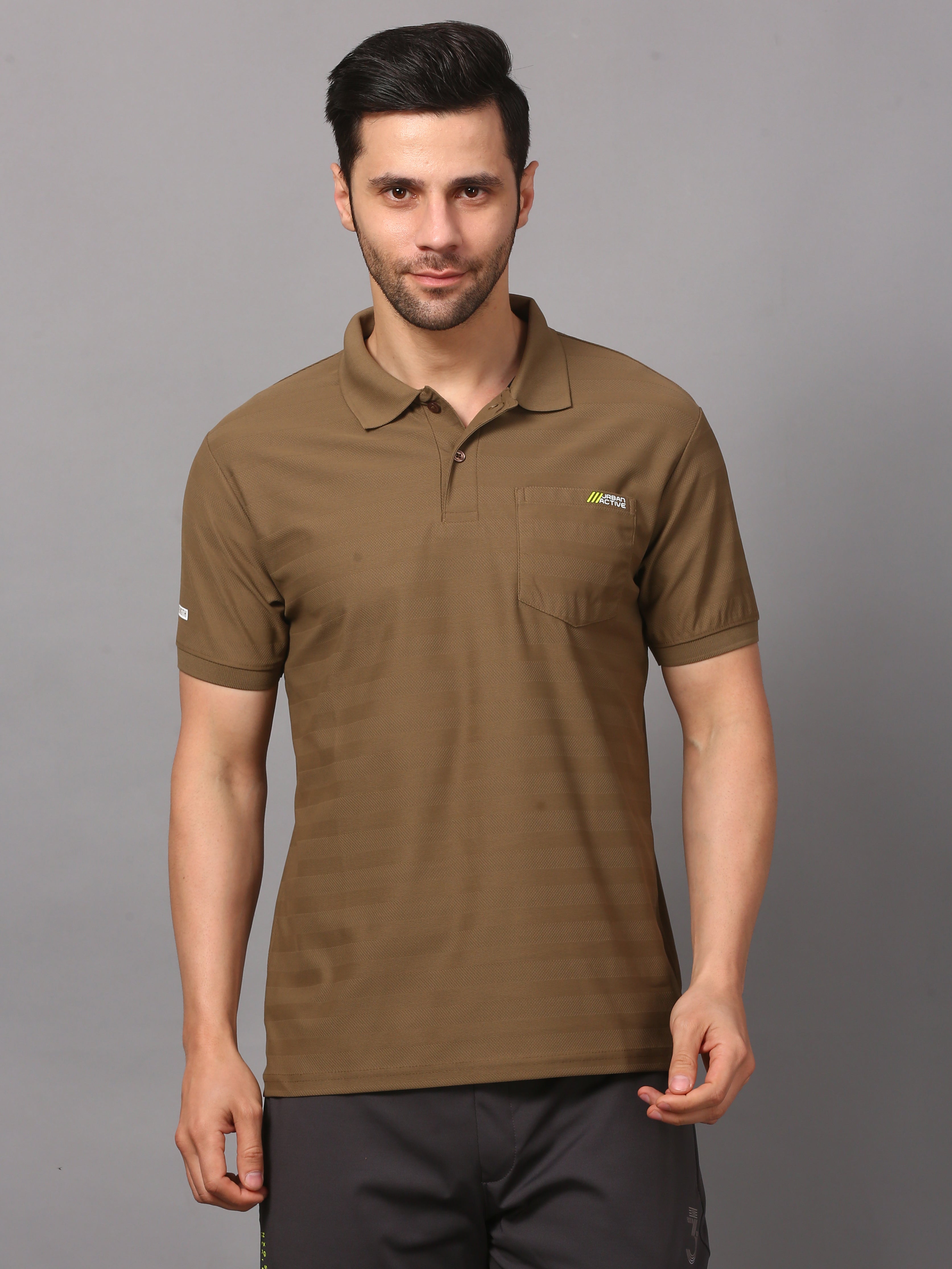 a brown polo t-shirt with a collar and short sleeves.