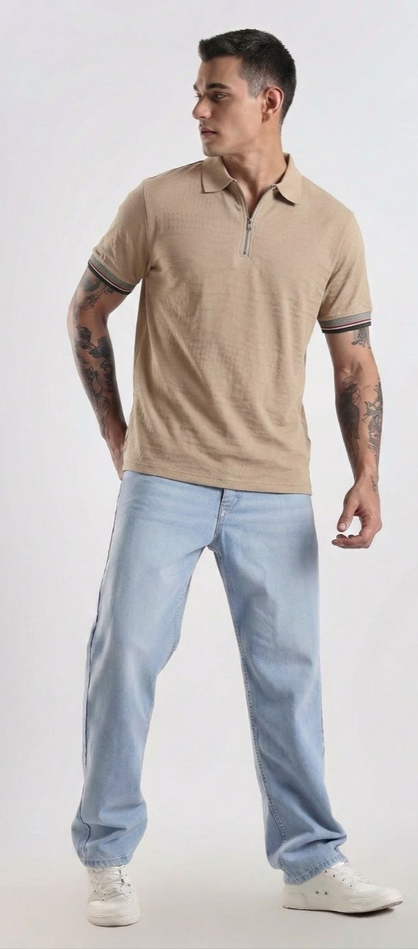 Slim-Fit Ribbed Polo Beige