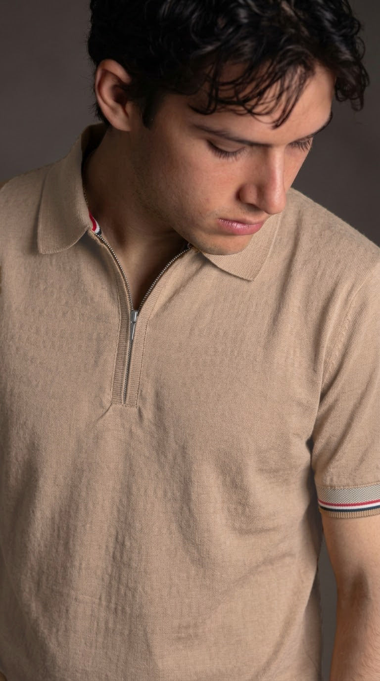 Slim-Fit Ribbed Polo Beige
