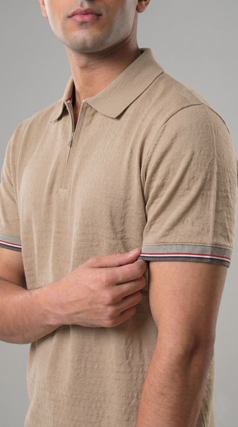 Slim-Fit Ribbed Polo Beige